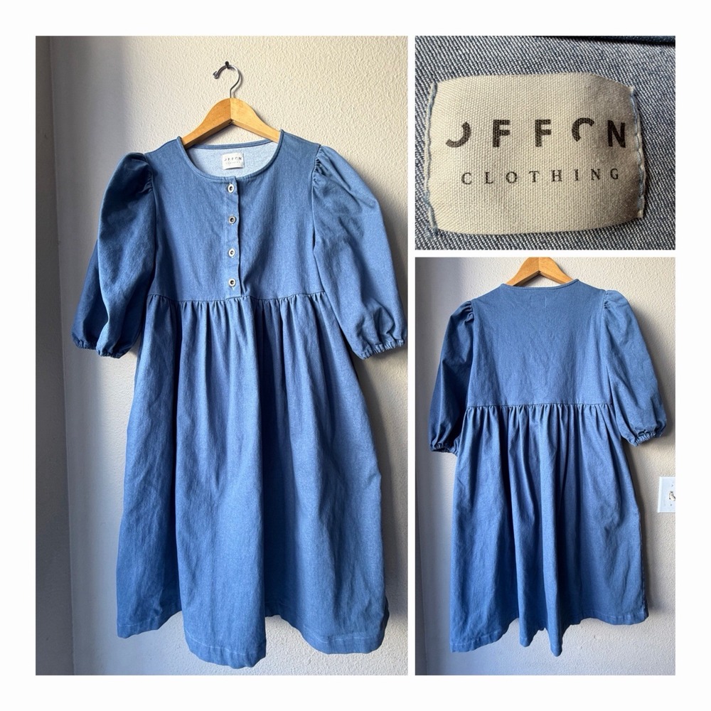 OFFON Denim Puff Sleeve Babydoll Dress Blue Pockets Cottagecore Coquette XS/Smal